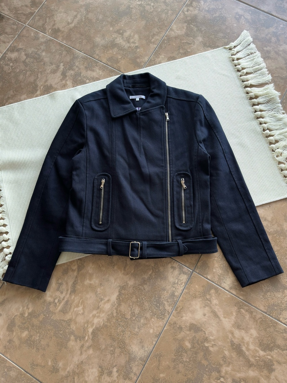 CARVEN Navy Textured Cotton Classic Cropped Biker Moto Jacket